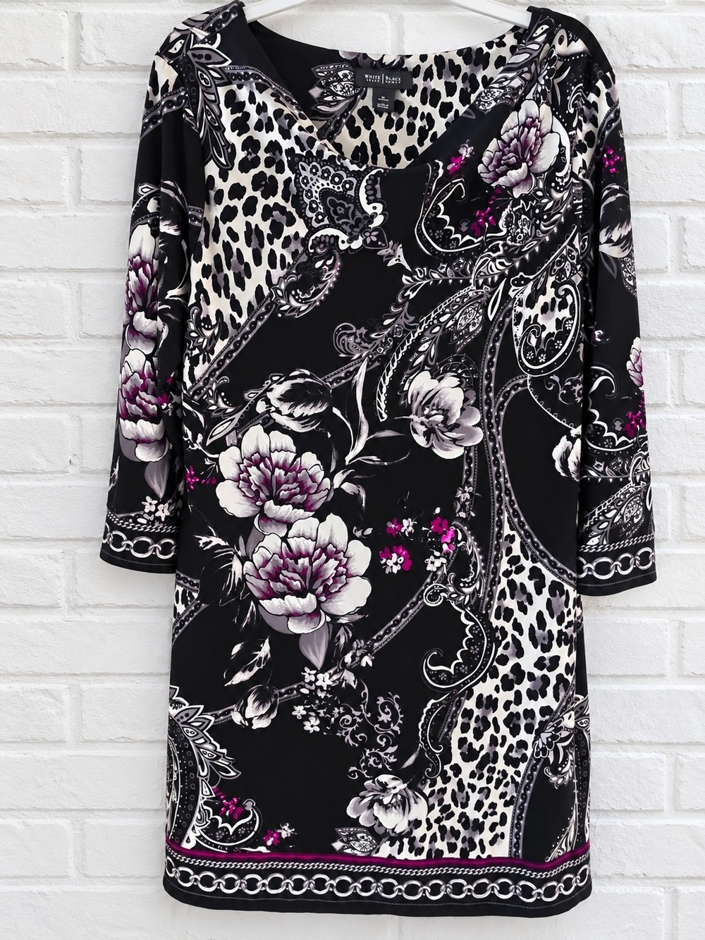White House Black Market Black Floral & Leopard Shift Dress with Purple Accents